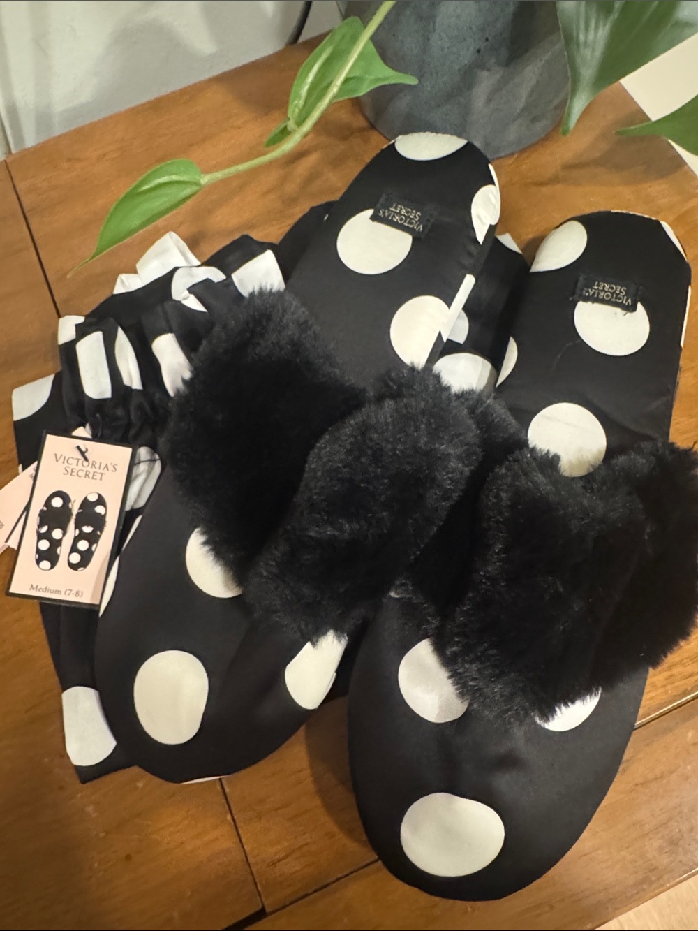 Victoria's Secret Black and White Polka Dot Faux-Fur Slide Slippers